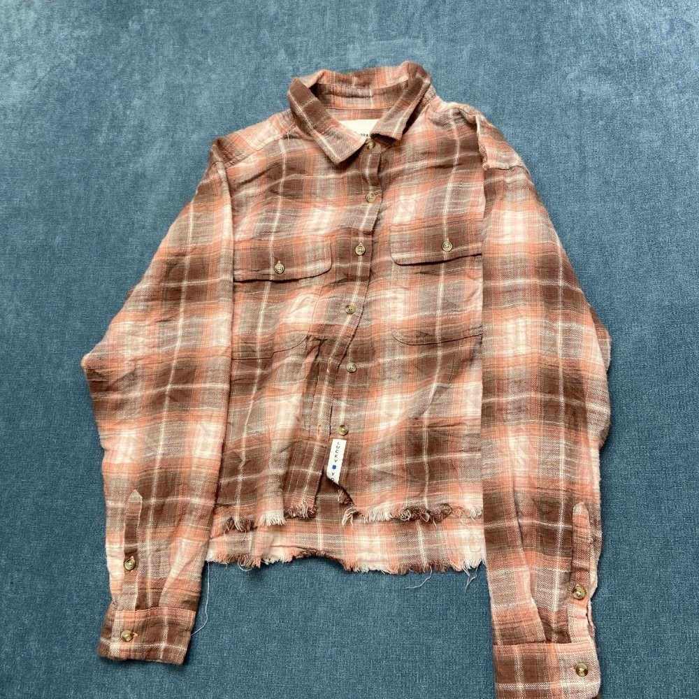 Lucky Brand Flannel Shirt Womens Small Multicolor Plaid Frayed Hem Button Up
